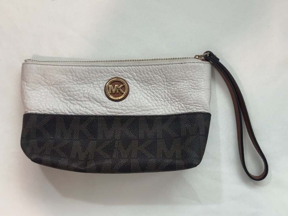 Michael Kors Signature Logo Brown White Leather Wristlet Clutch